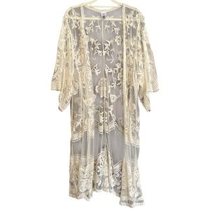 Women’s Boho Cream Floral Lace Sheer Kimono Cardigan Duster Size Small/Medium